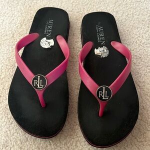 Ralph Lauren black and pink logo flip flops. Size 6